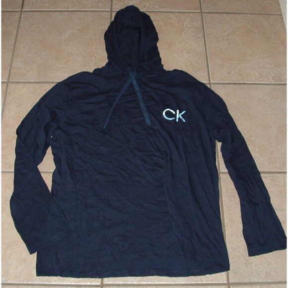 CALVIN KLEIN Mens Sz XL Navy Blue Long Sleeve LOGO Soft Cotton Hooded Tee Shirt - Picture 1 of 2